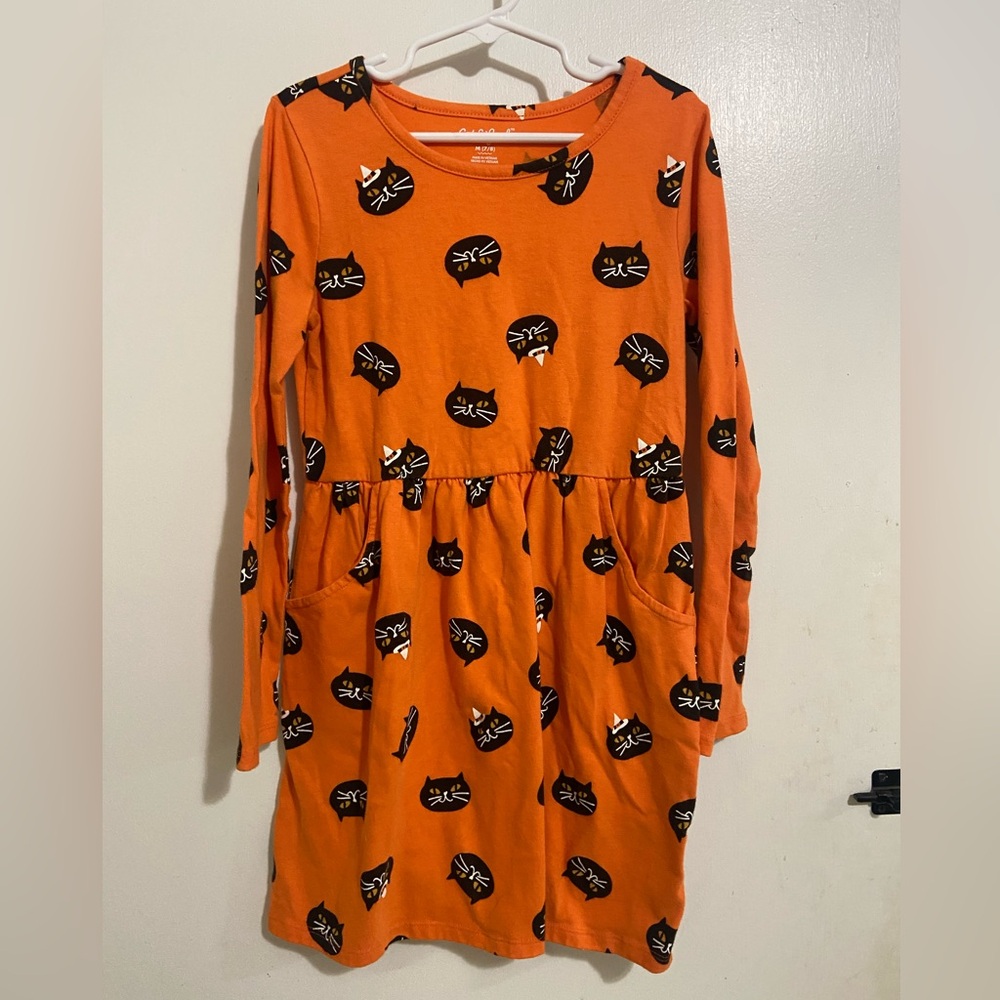 Orange Cat Print Long Sleeve Dress girls size medium 7/8